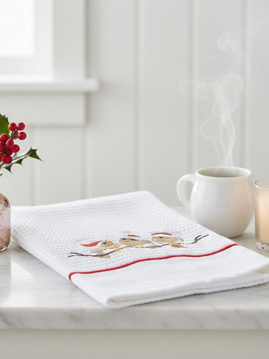 Guest Towel, Waffle Weave and Satin Trim, Christmas Birds on Branch
