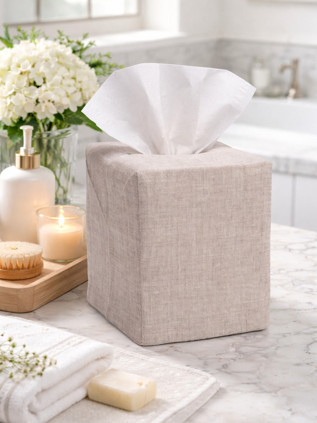 Tissue Box Cover - Natural Linen, Square Opening, No Embroidery