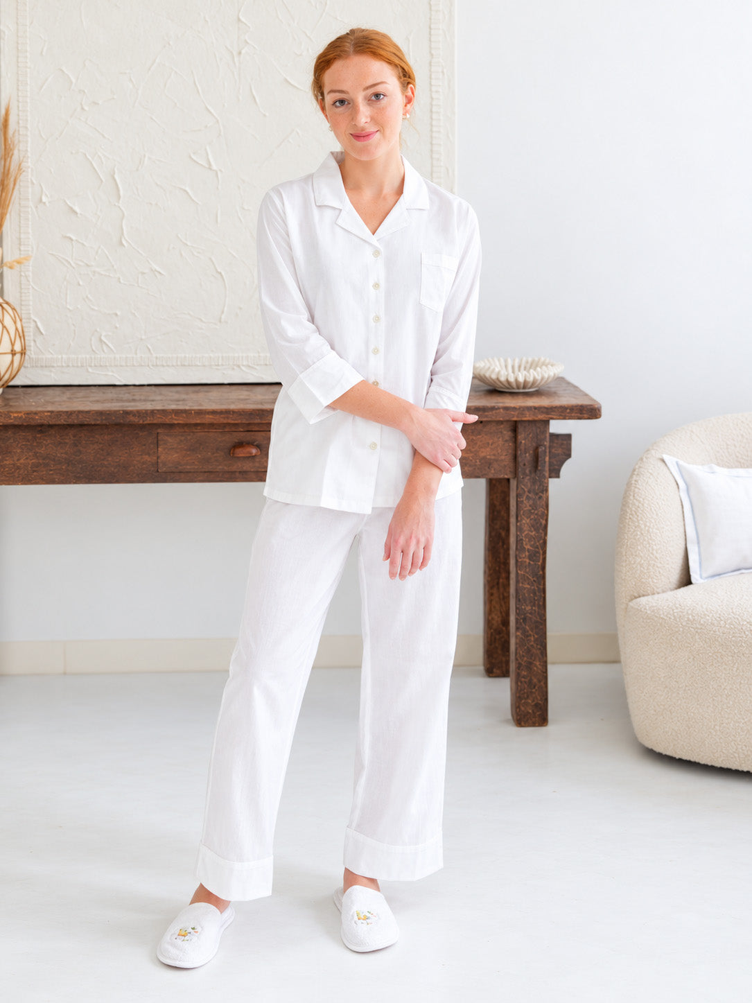 Laurie White Cotton Pajamas, Embroidered