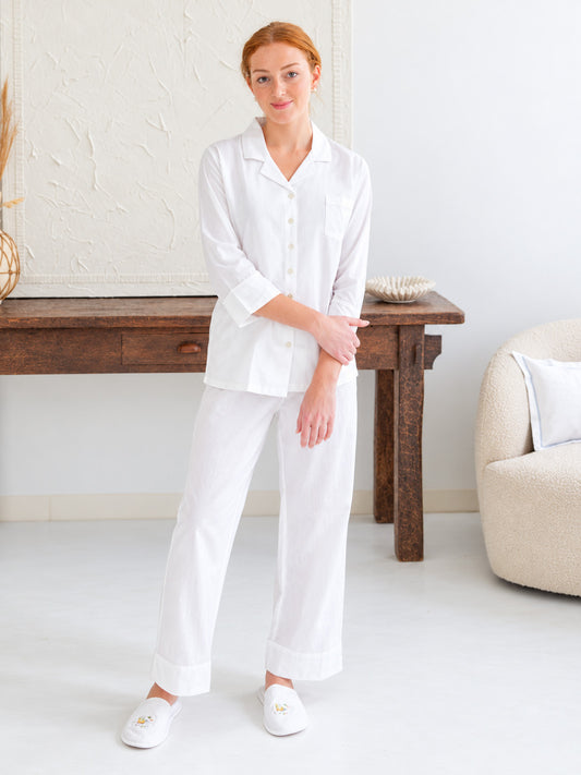 Laurie White Cotton Pajamas, Embroidered