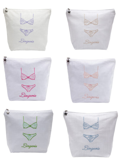Lingerie Bag - White Linen / Cotton, Embroidered