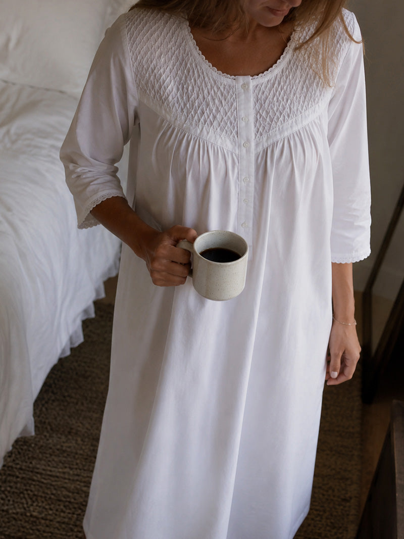 Liz White Cotton Nightgown, Smocking & Lace