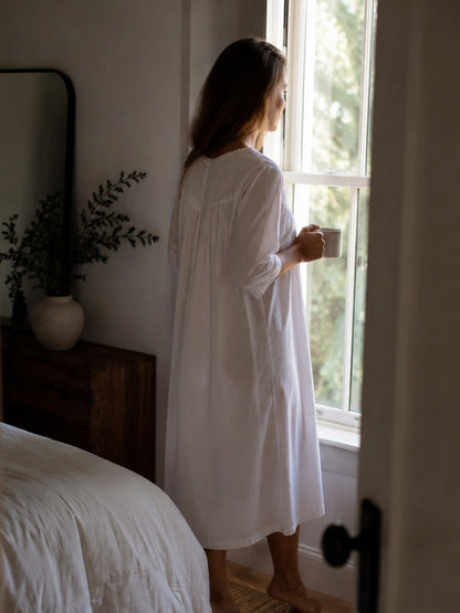 Liz White Cotton Nightgown, Smocking & Lace