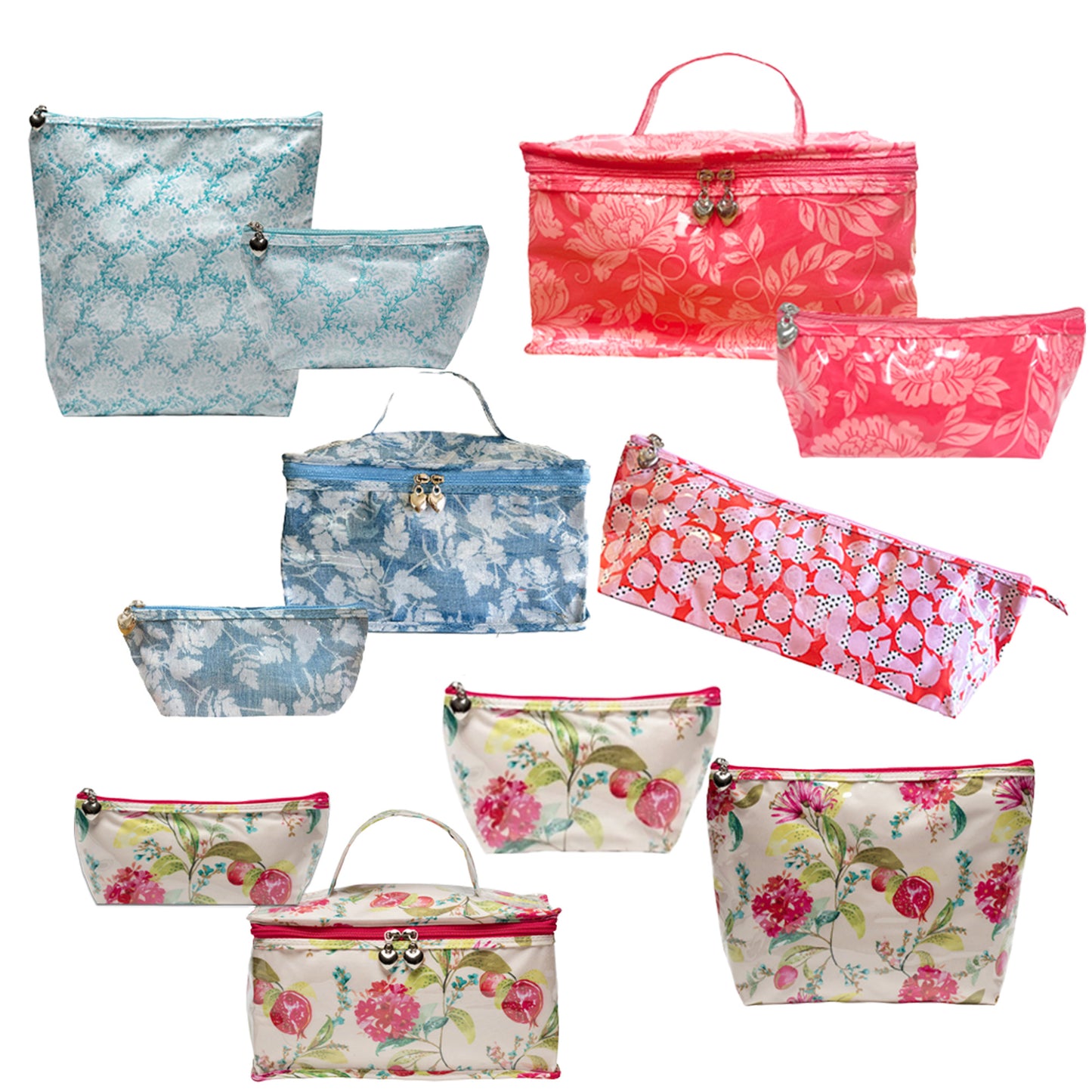Set of floral-patterned bags on a white background