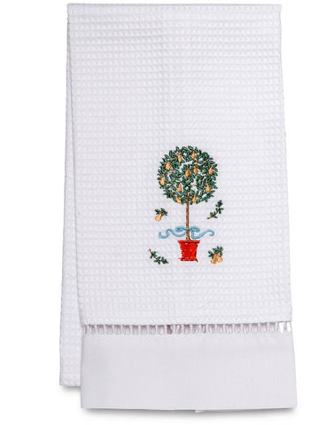 Guest Towel, Ladder Lace, Embroidered Topiary