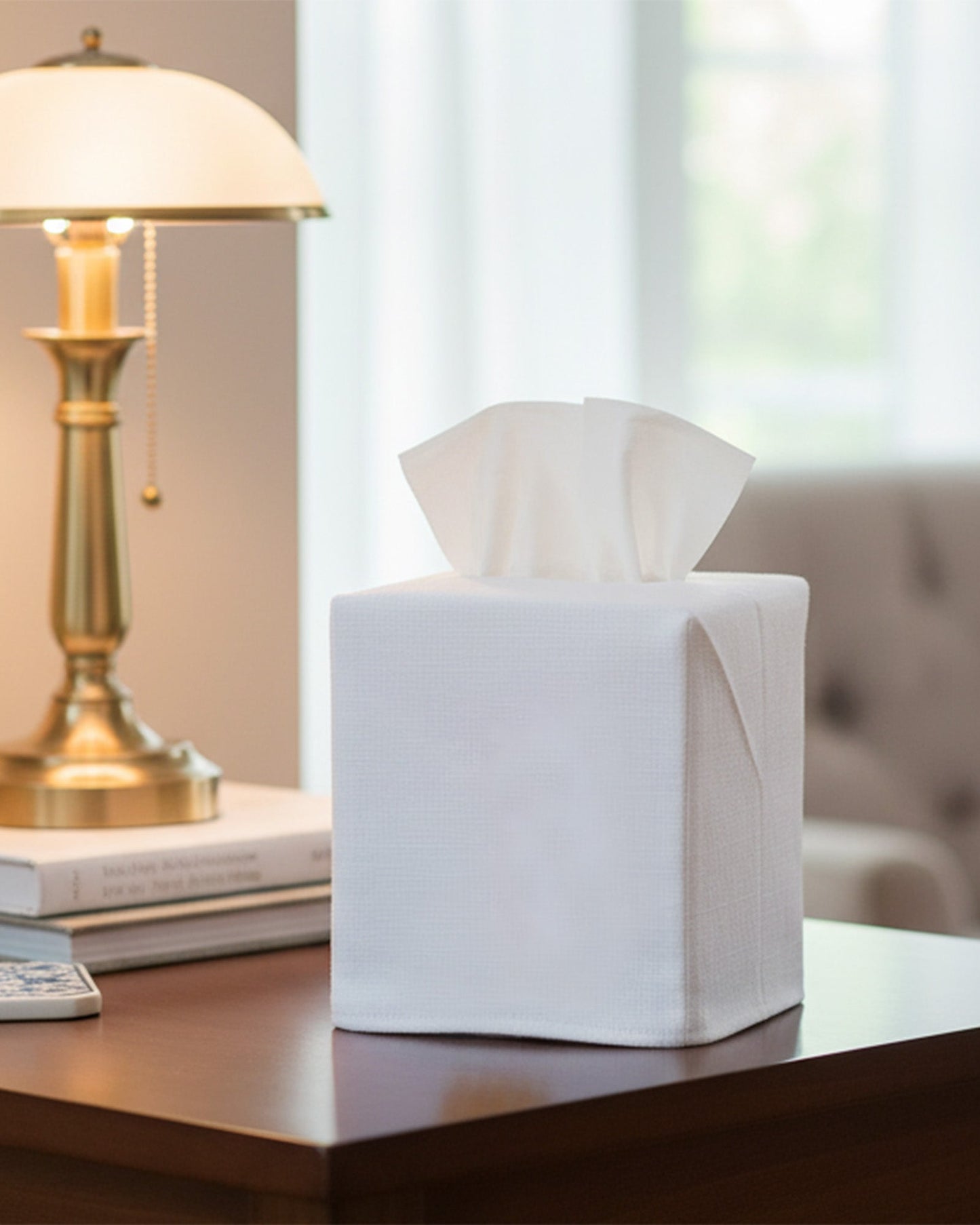 Tissue Box Cover (Square Opening) - White Linen / Cotton, No Embroidery
