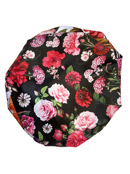 Shower Cap, Peony Design (Black)