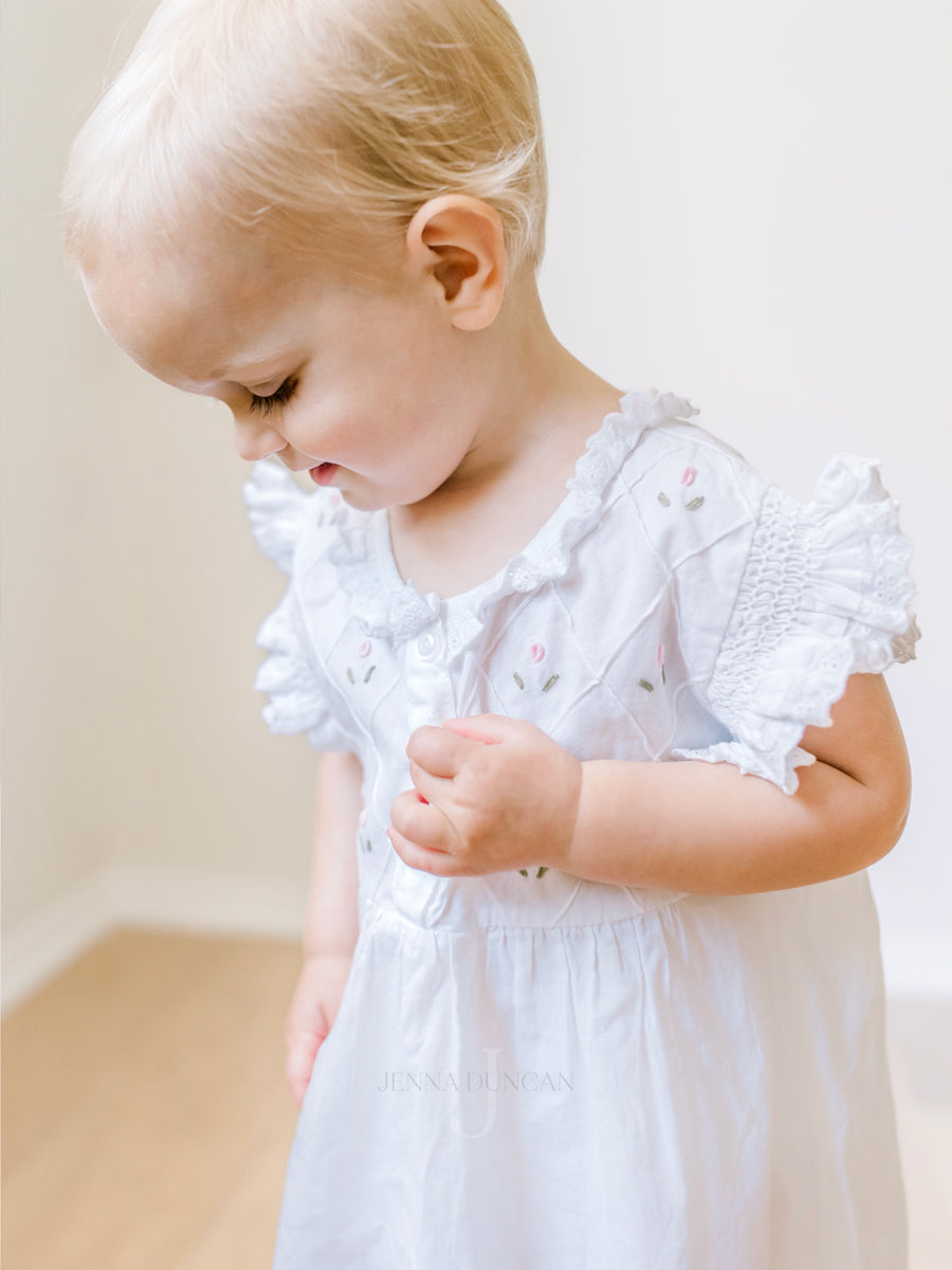 Rose White Cotton Dress, Embroidered
