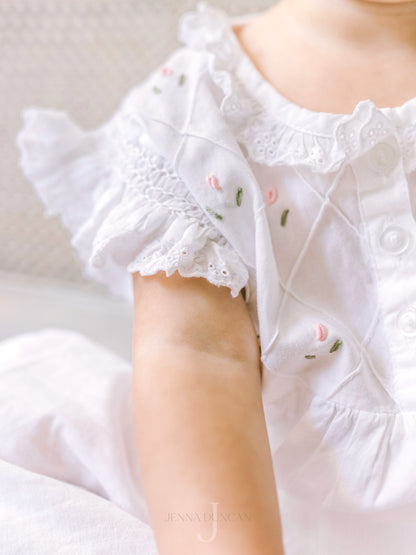 Rose White Cotton Dress, Embroidered