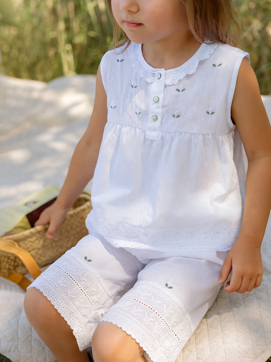 Rosie White Cotton Girls 2-Piece Pants Set, Embroidered