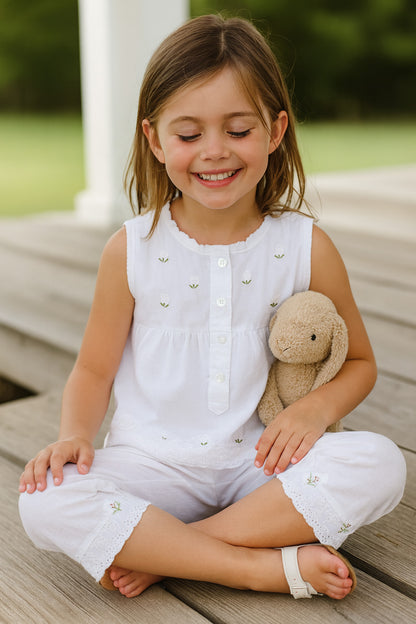 Rosie White Cotton Girls 2-Piece Pants Set, Embroidered