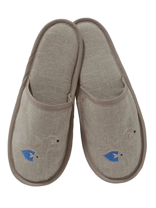 Slippers (Closed Toe) - Natural Linen, Embroidered