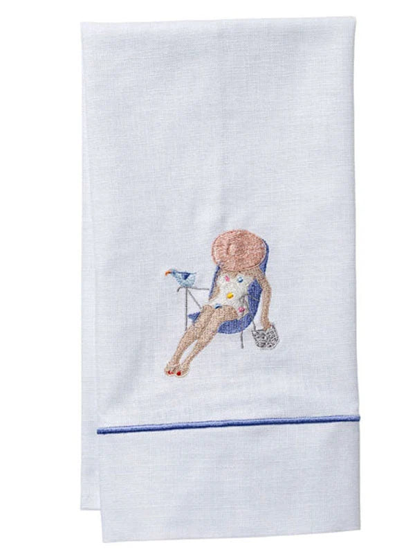 Guest Towel, White Linen, Satin Stitch, Embroidered