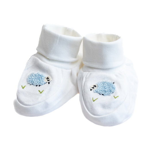 Baby Booties, Combed Cotton, Embroidered Blue Sheep