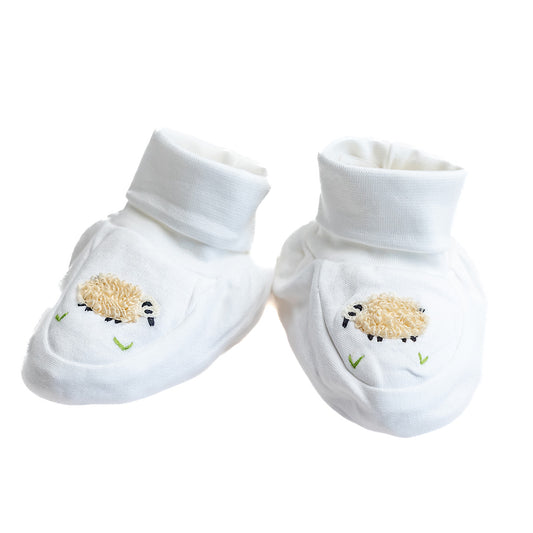 Baby Booties, Combed Cotton, Embroidered Cream Sheep