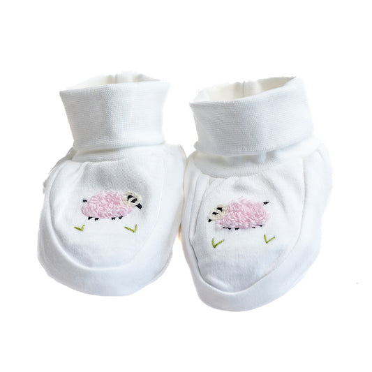 Baby Booties, Combed Cotton, Embroidered Pink Sheep