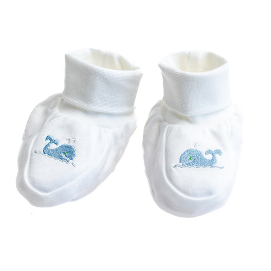 Baby Booties, Combed Cotton, Embroidered Willy Whale