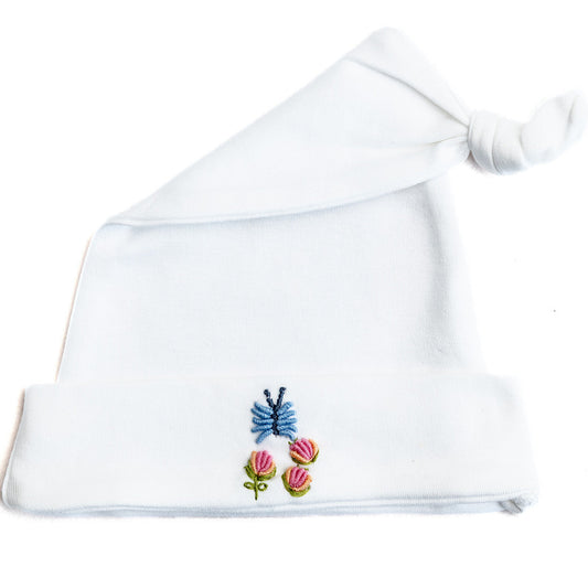 Knotted Baby Hat, Combed Cotton, Rosebuds & Butterfly