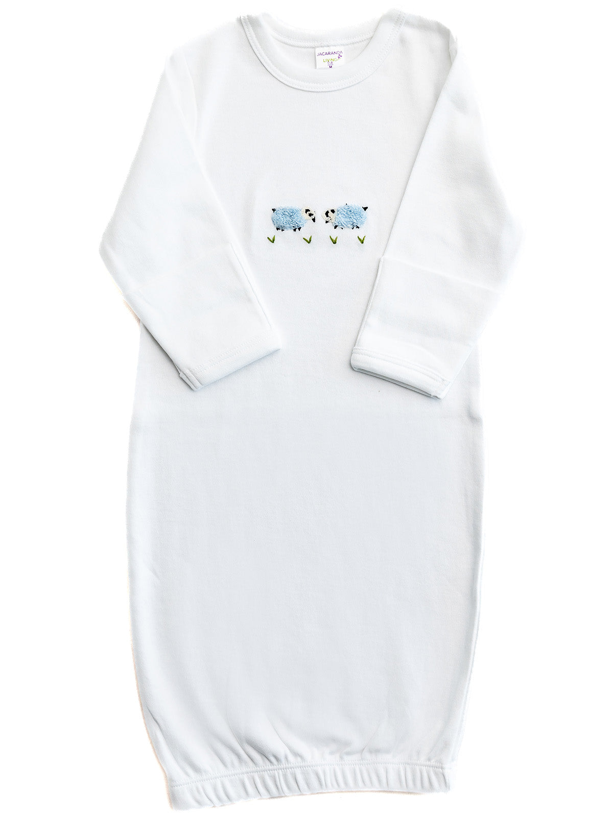Baby Gown, Combed Cotton, Embroidered Blue Sheep