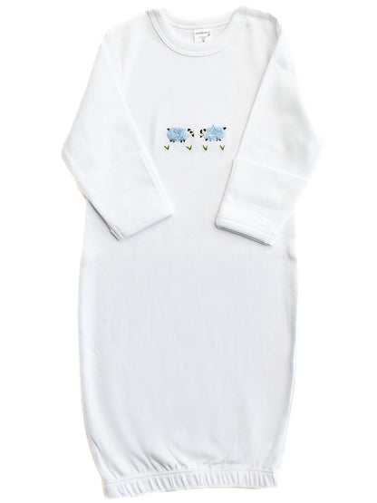 Baby Gown, Combed Cotton, Embroidered Blue Sheep