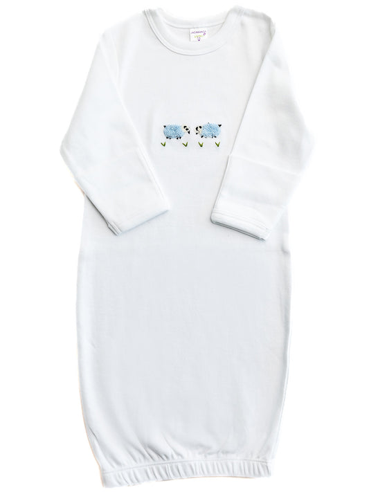 Baby Gown, Combed Cotton, Embroidered Blue Sheep