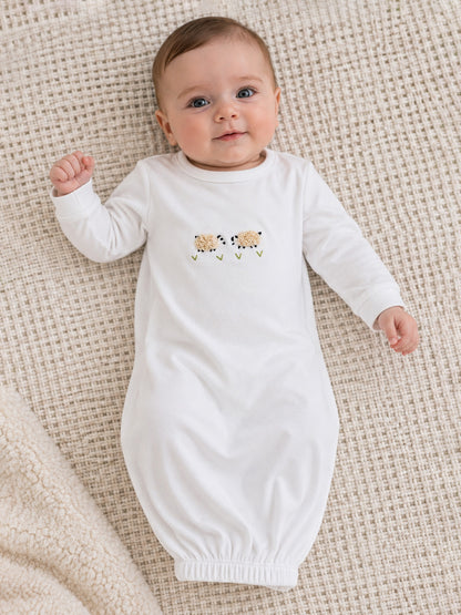 Baby Gown, Combed Cotton, Embroidered Cream Sheep