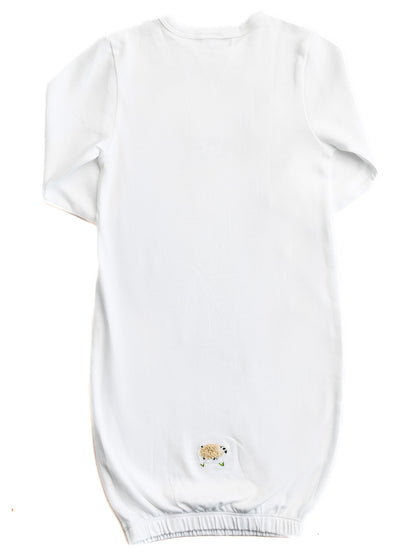 Baby Gown, Combed Cotton, Embroidered Cream Sheep