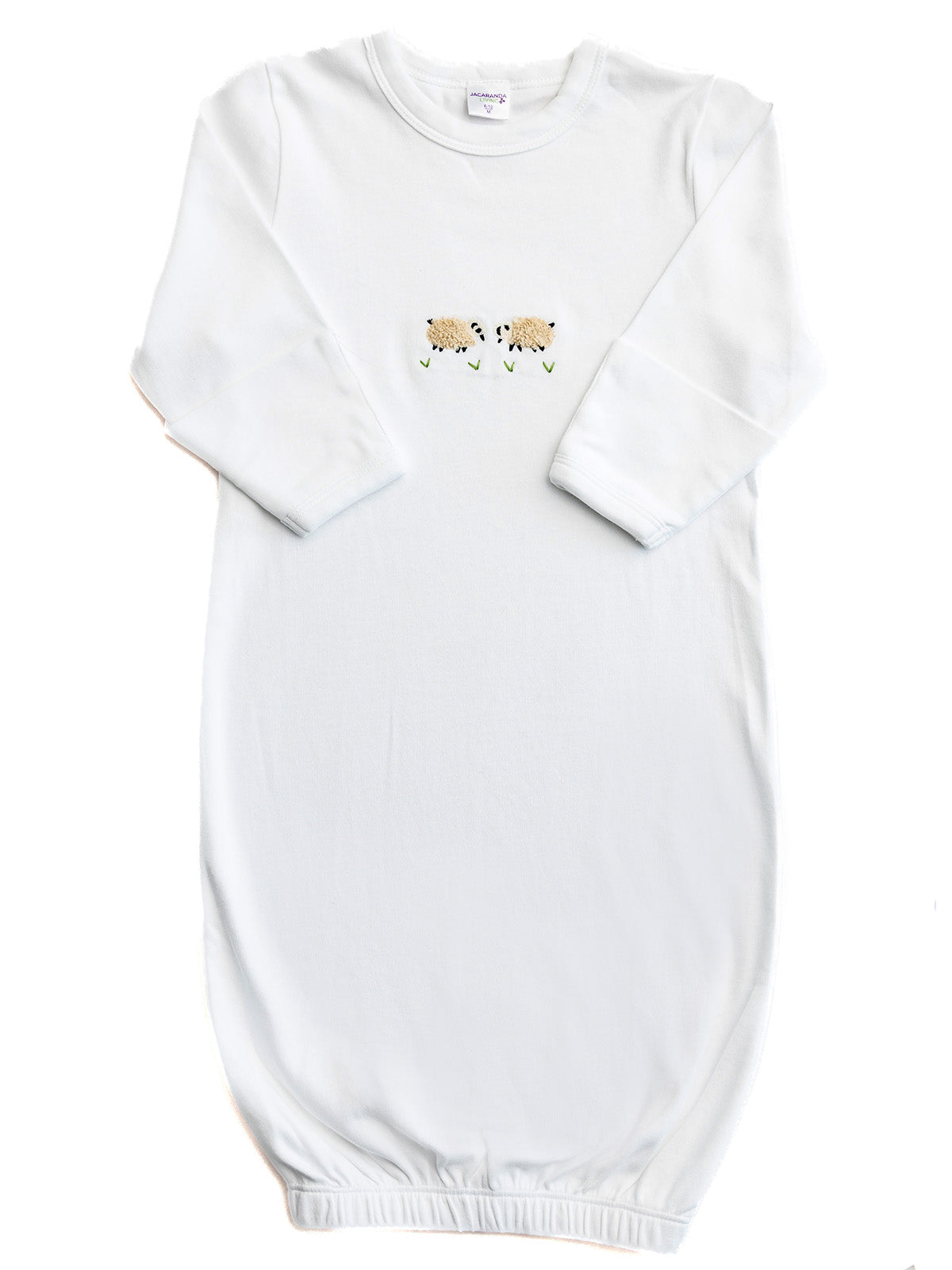 Baby Gown, Combed Cotton, Embroidered Cream Sheep