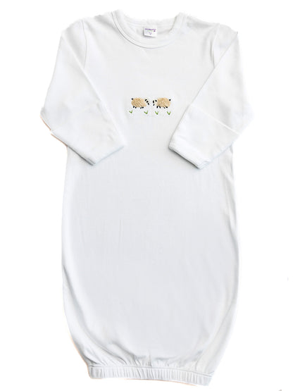 Baby Gown, Combed Cotton, Embroidered Cream Sheep