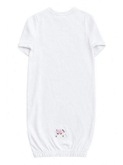 Baby Gown, Combed Cotton, Embroidered Pink Sheep