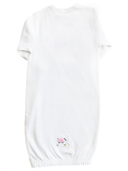 Baby Gown, Combed Cotton, Embroidered Pink Sheep