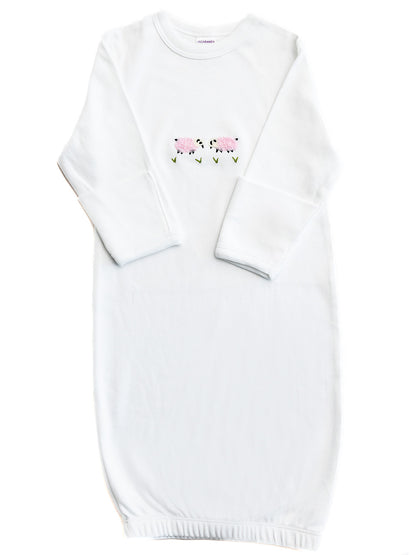 Baby Gown, Combed Cotton, Embroidered Pink Sheep
