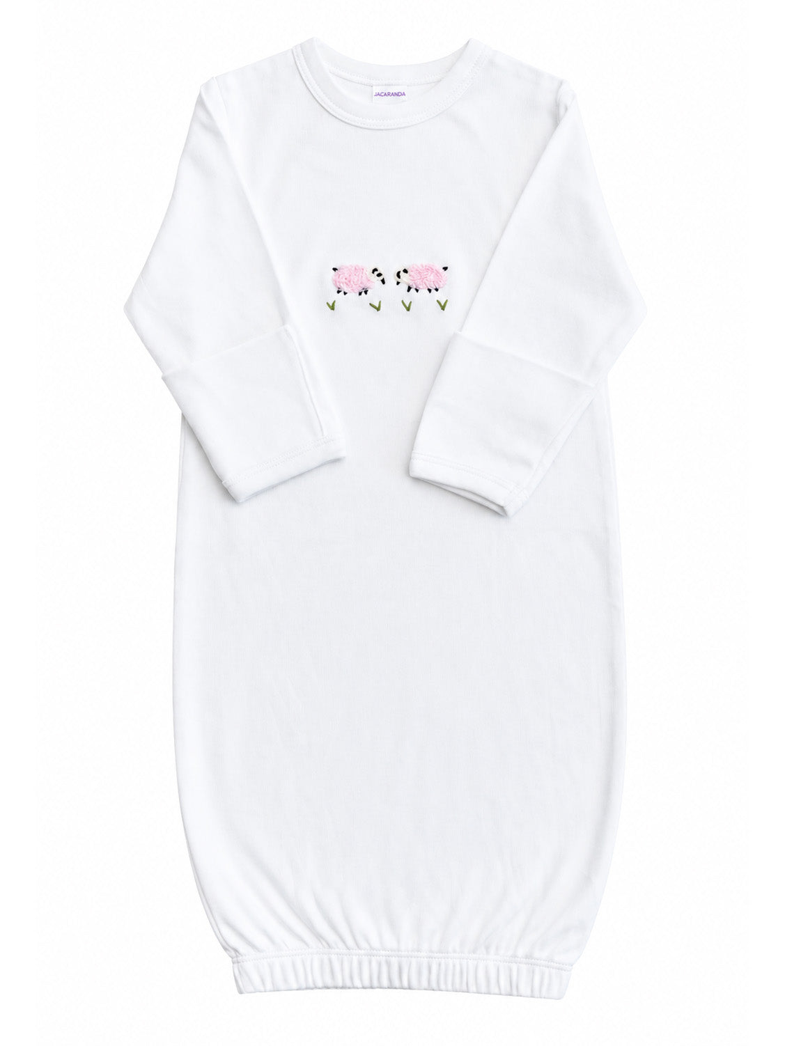 Baby Gown, Combed Cotton, Embroidered Pink Sheep