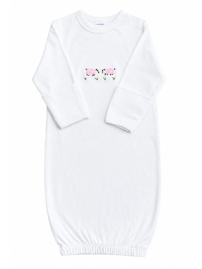 Baby Gown, Combed Cotton, Embroidered Pink Sheep