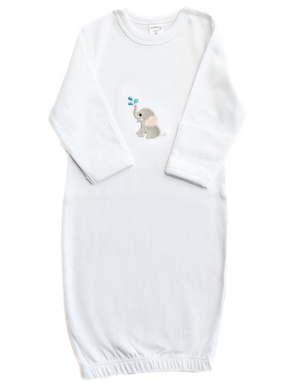 Baby Gown, Combed Cotton, Embroidered Splash Elephant