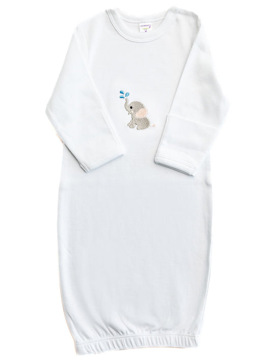 Baby Gown, Combed Cotton, Embroidered Splash Elephant