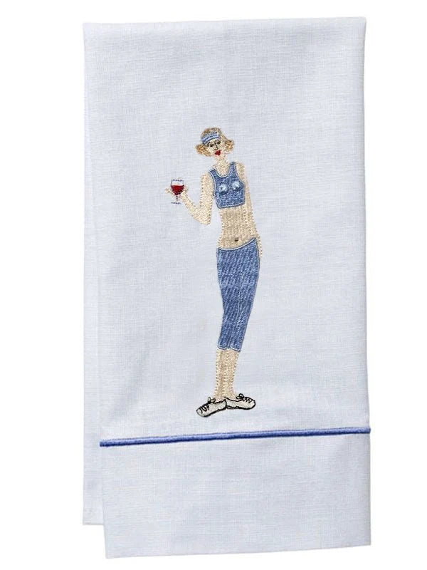 Guest Towel, White Linen, Satin Stitch, Embroidered