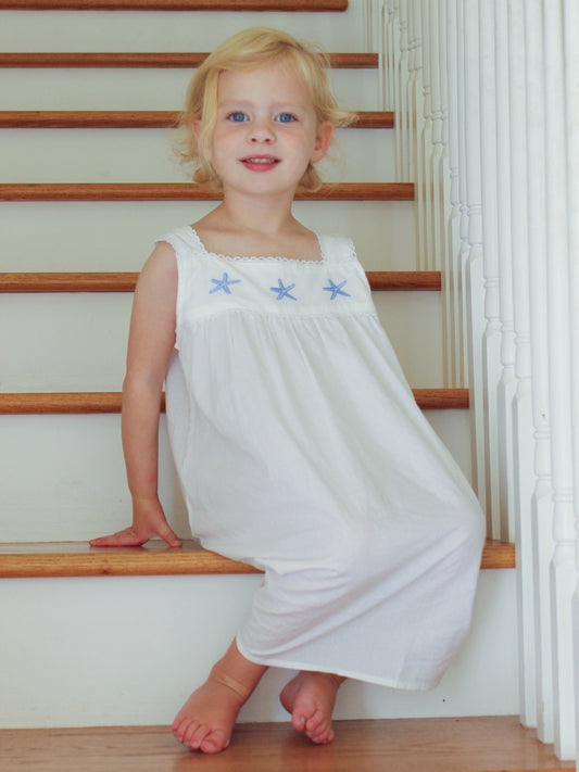 Starfish (Girls) White Cotton Dress, Embroidered