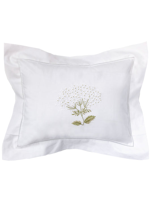 Boudoir Pillow Cover, Embroidered with Hem Stitch Border - Hydrangea (White)