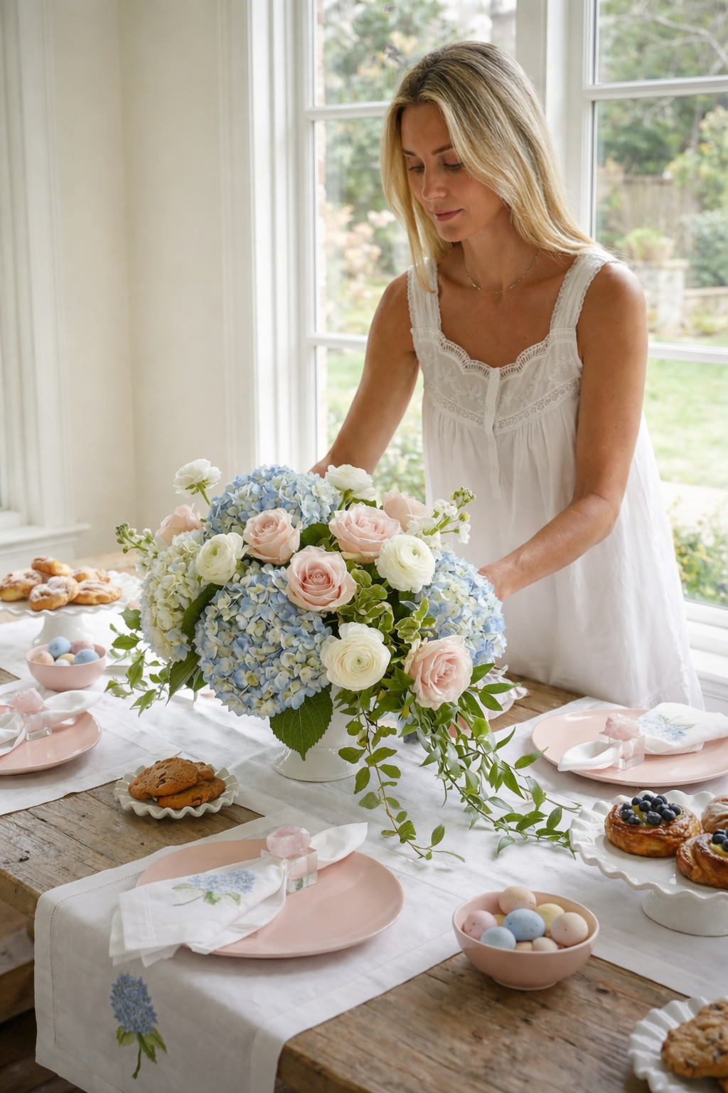 Woman arranging flowers on a table with pastries and Easter eggs.