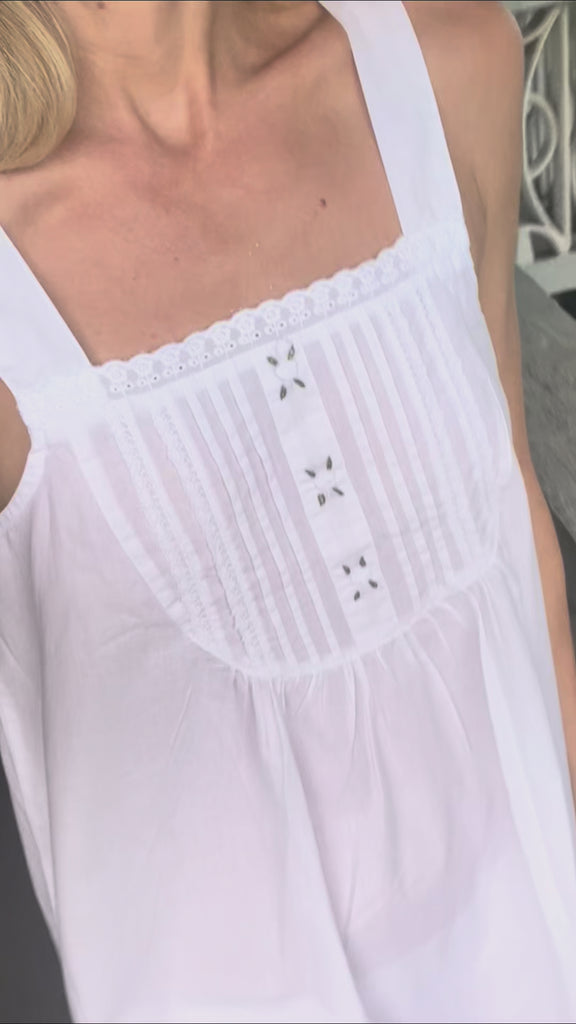 Everly White Cotton Nightgown, Strap Sleeve, Eyelet Lace, Rosebud ...