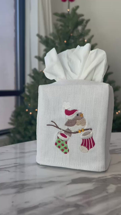 Tissue Box Cover, Christmas Stocking with Tree (Red/White)