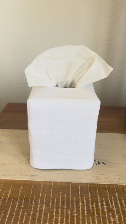 Tissue Box Cover - White Linen, Double Lined, Square Opening, No Embroidery