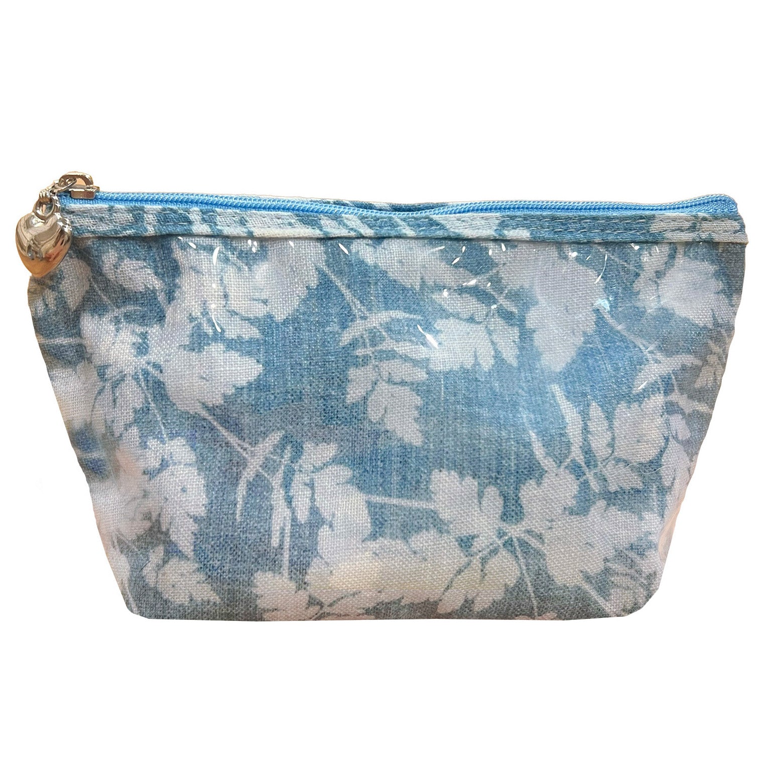 Floral-patterned pouch with a blue zipper on a white background