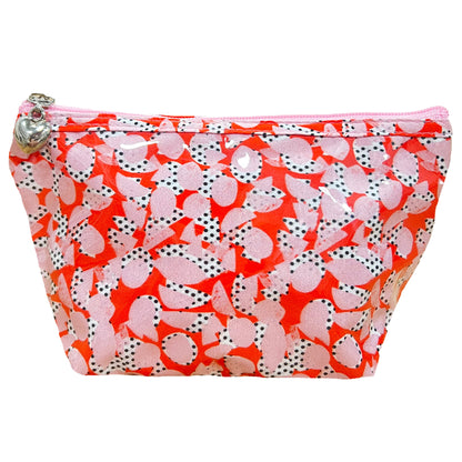 Floral patterned pouch with a heart-shaped zipper pull on a white background