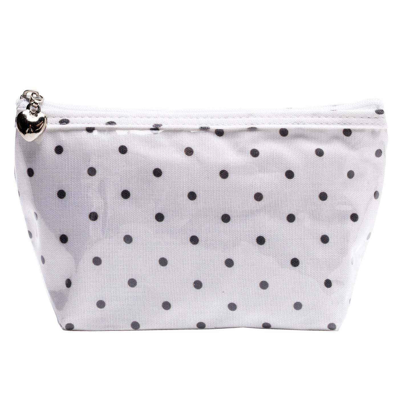 White pouch with black polka dots on a white background