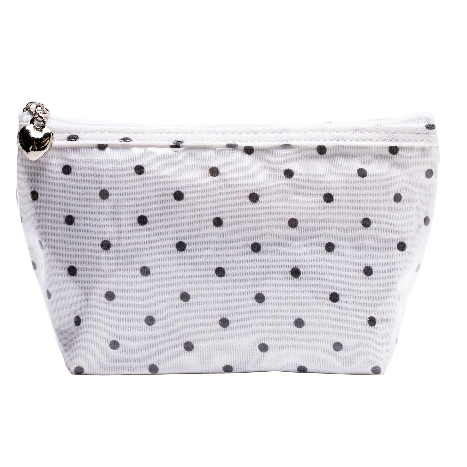 White pouch with black polka dots on a white background