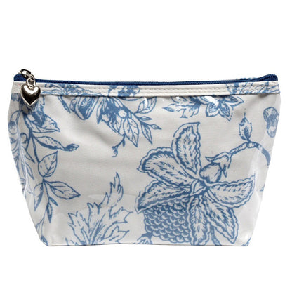 Floral-patterned pouch with a heart-shaped zipper pull on a white background