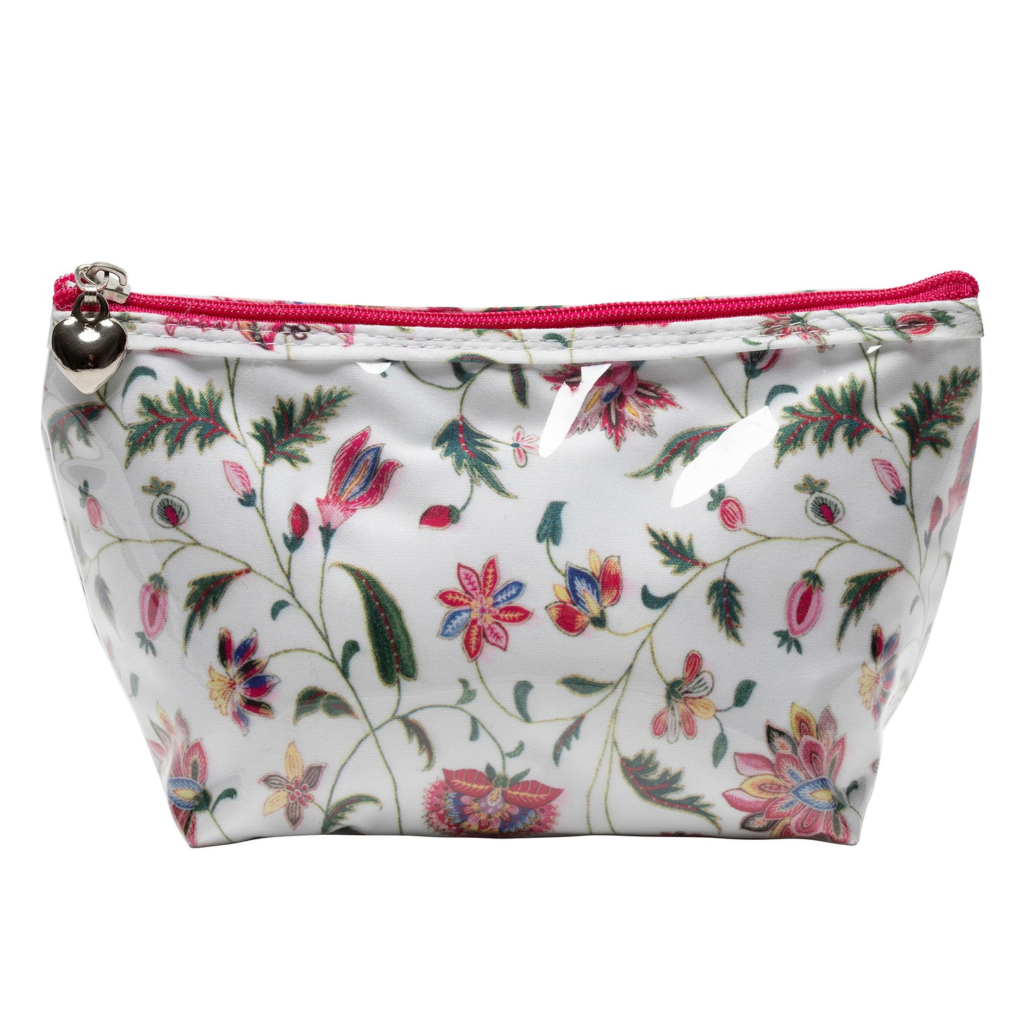 Floral patterned pouch with a pink zipper on a white background