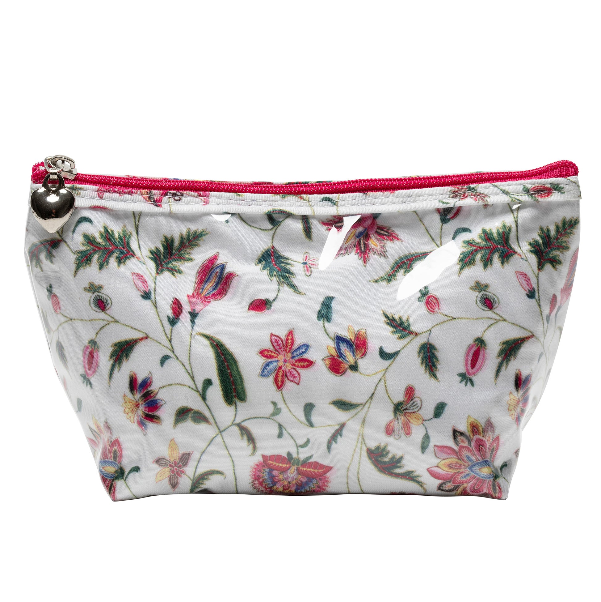 Floral patterned pouch with a pink zipper on a white background